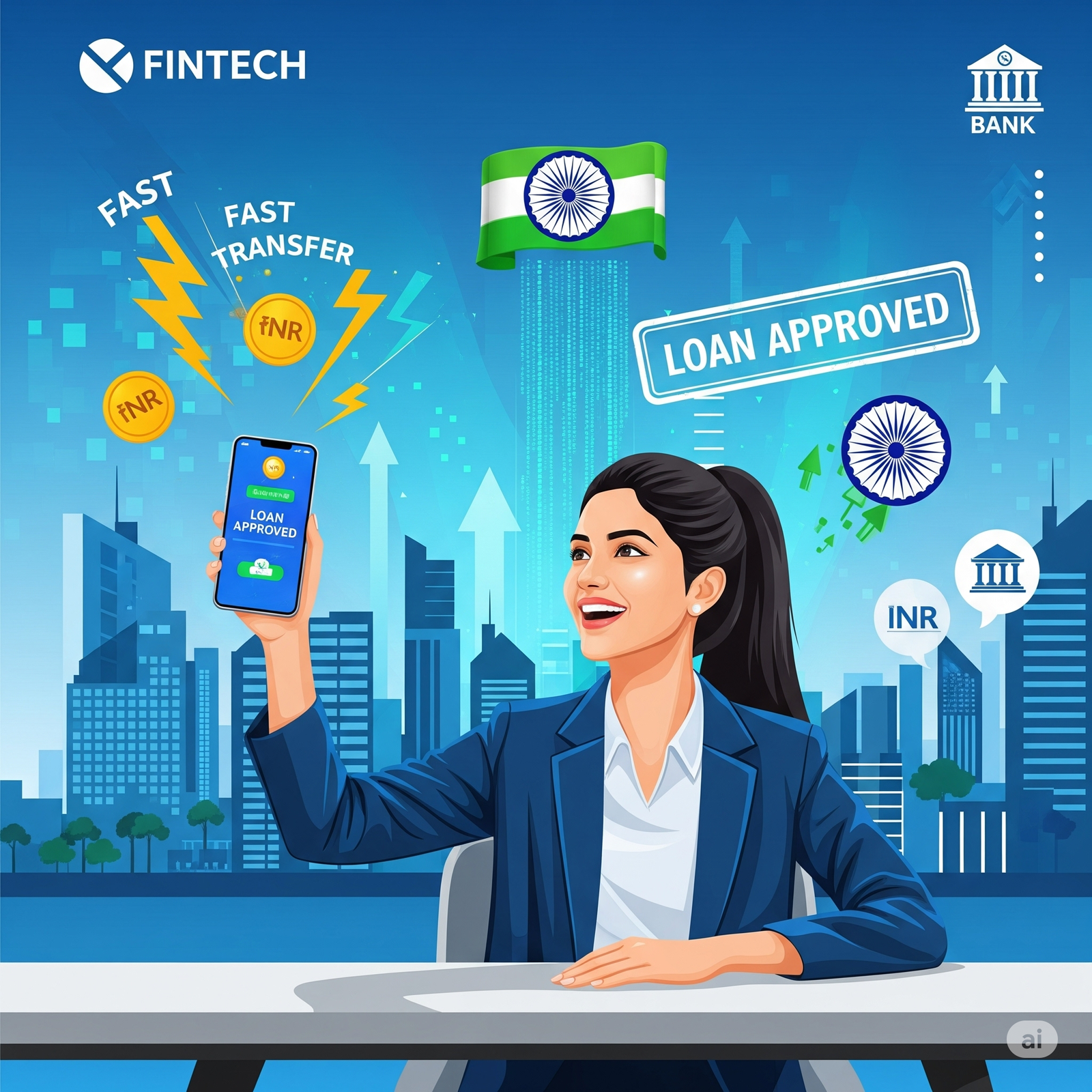 A young Indian woman smiling while using her phone after receiving instant loan approval digitally.