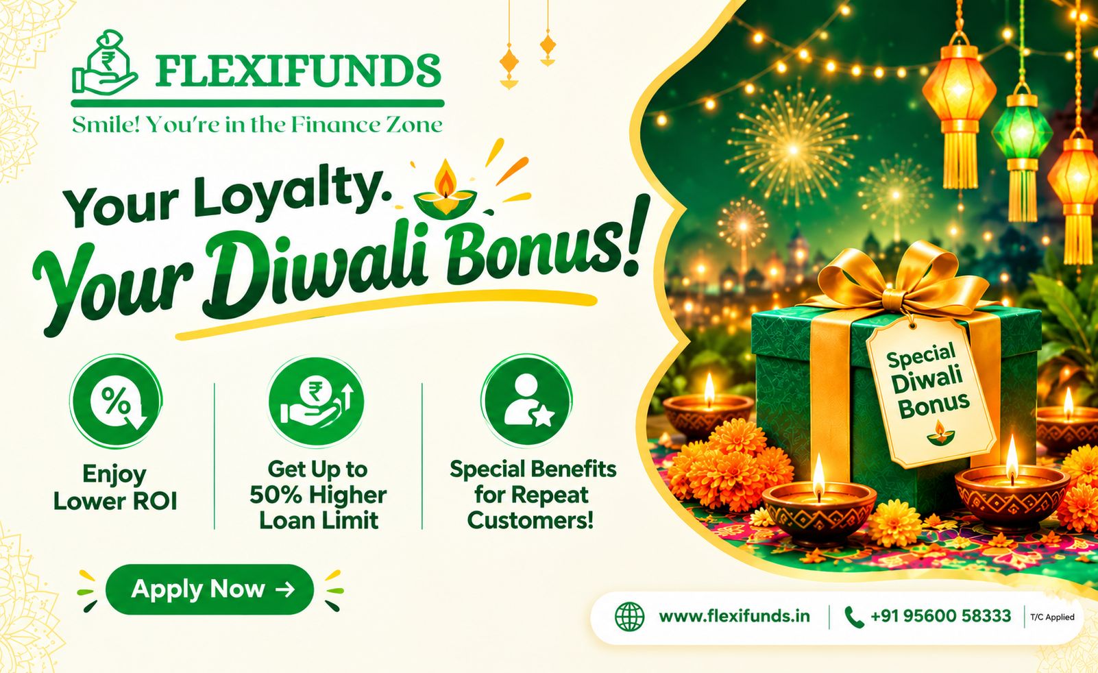 FlexiFunds Diwali bonus: lower ROI, up to 50% higher loan limit, and special benefits for repeat customers